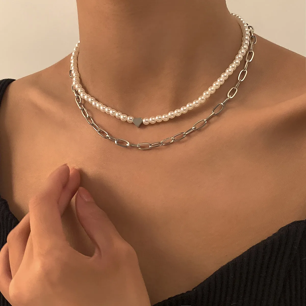Pearl & Silver-Plated Heart Necklace Set