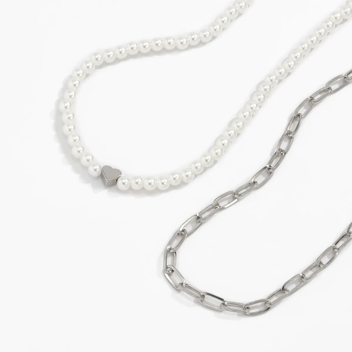 Pearl & Silver-Plated Heart Necklace Set