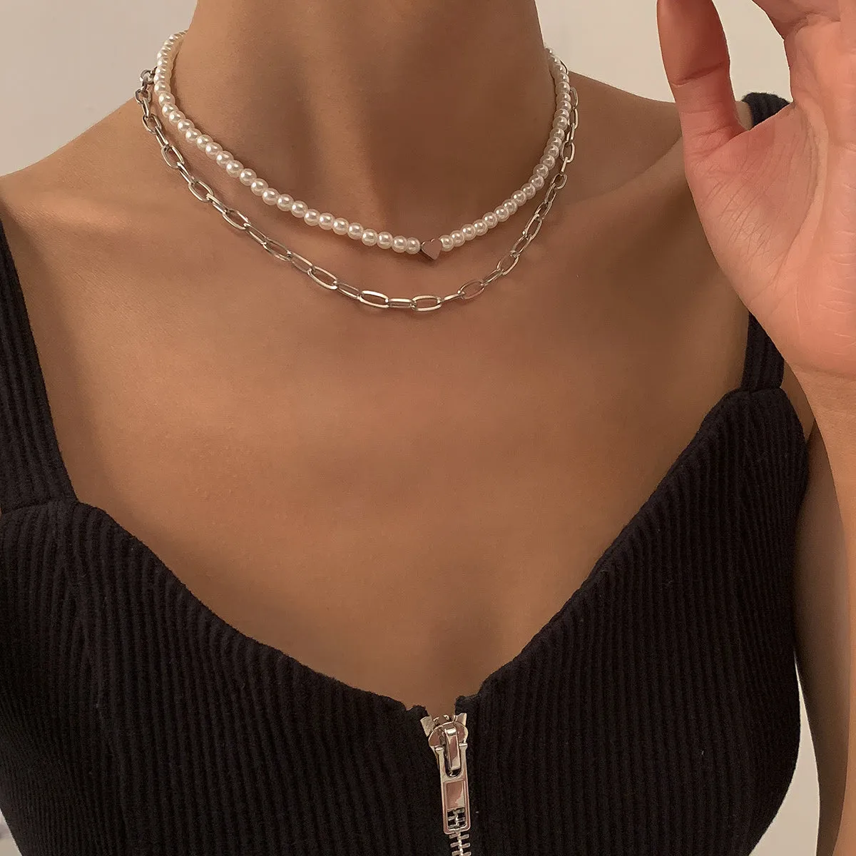 Pearl & Silver-Plated Heart Necklace Set