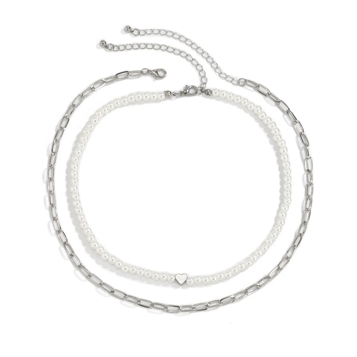 Pearl & Silver-Plated Heart Necklace Set