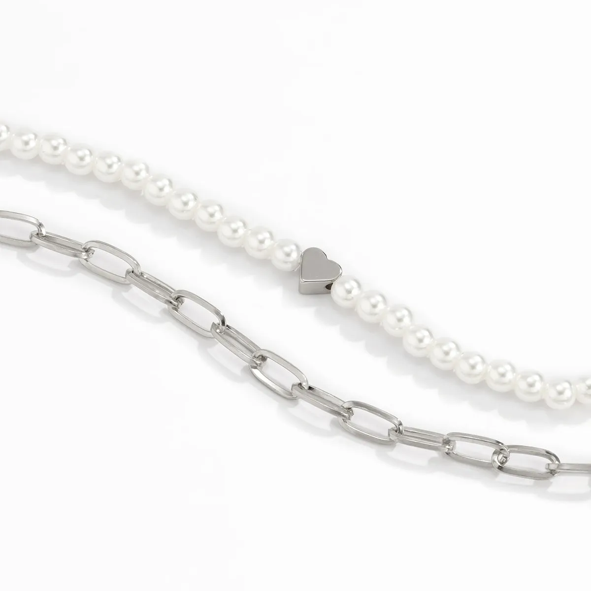 Pearl & Silver-Plated Heart Necklace Set