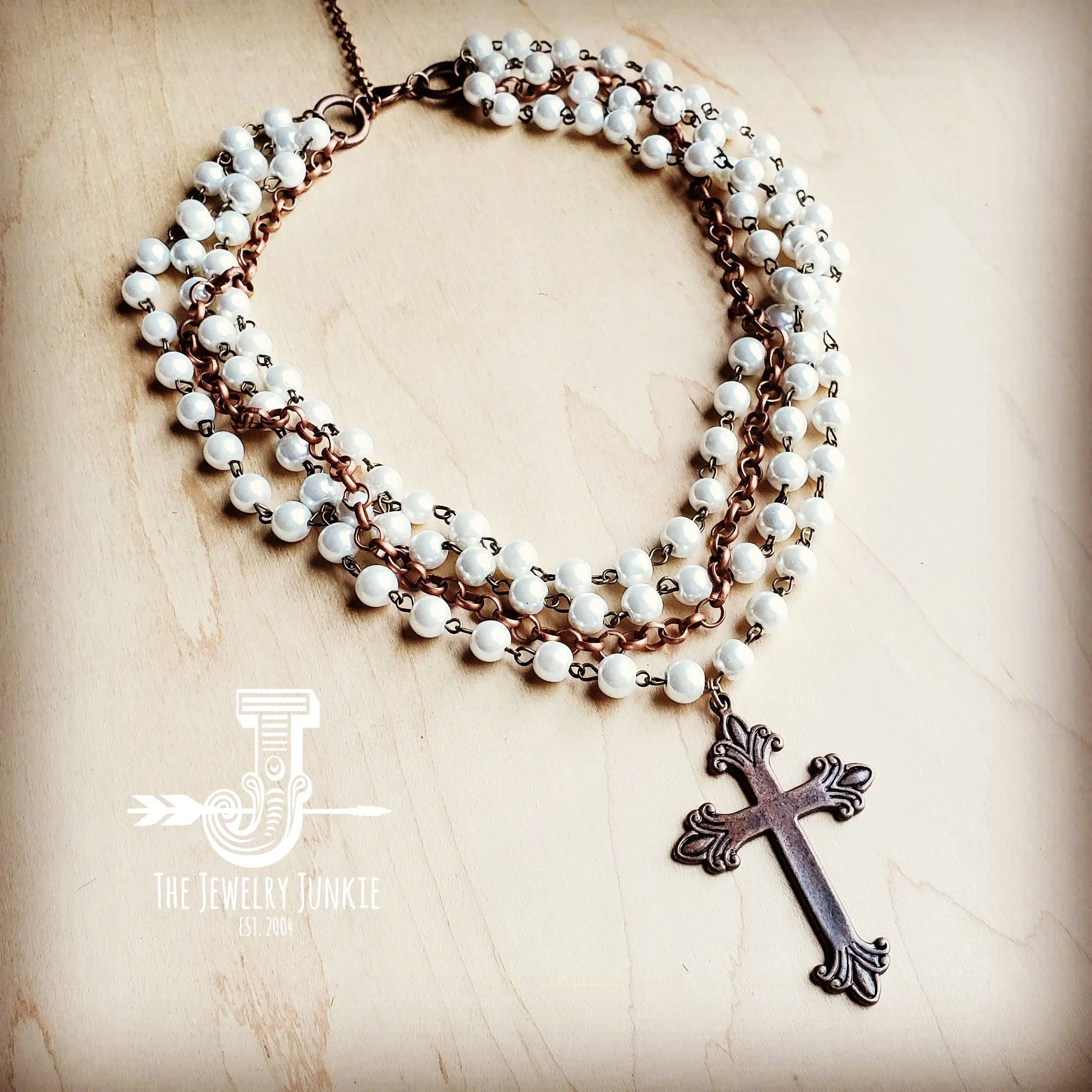 Pearl and Copper Collar-Length Necklace w/ Copper Cross