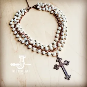 Pearl and Copper Collar-Length Necklace w/ Copper Cross
