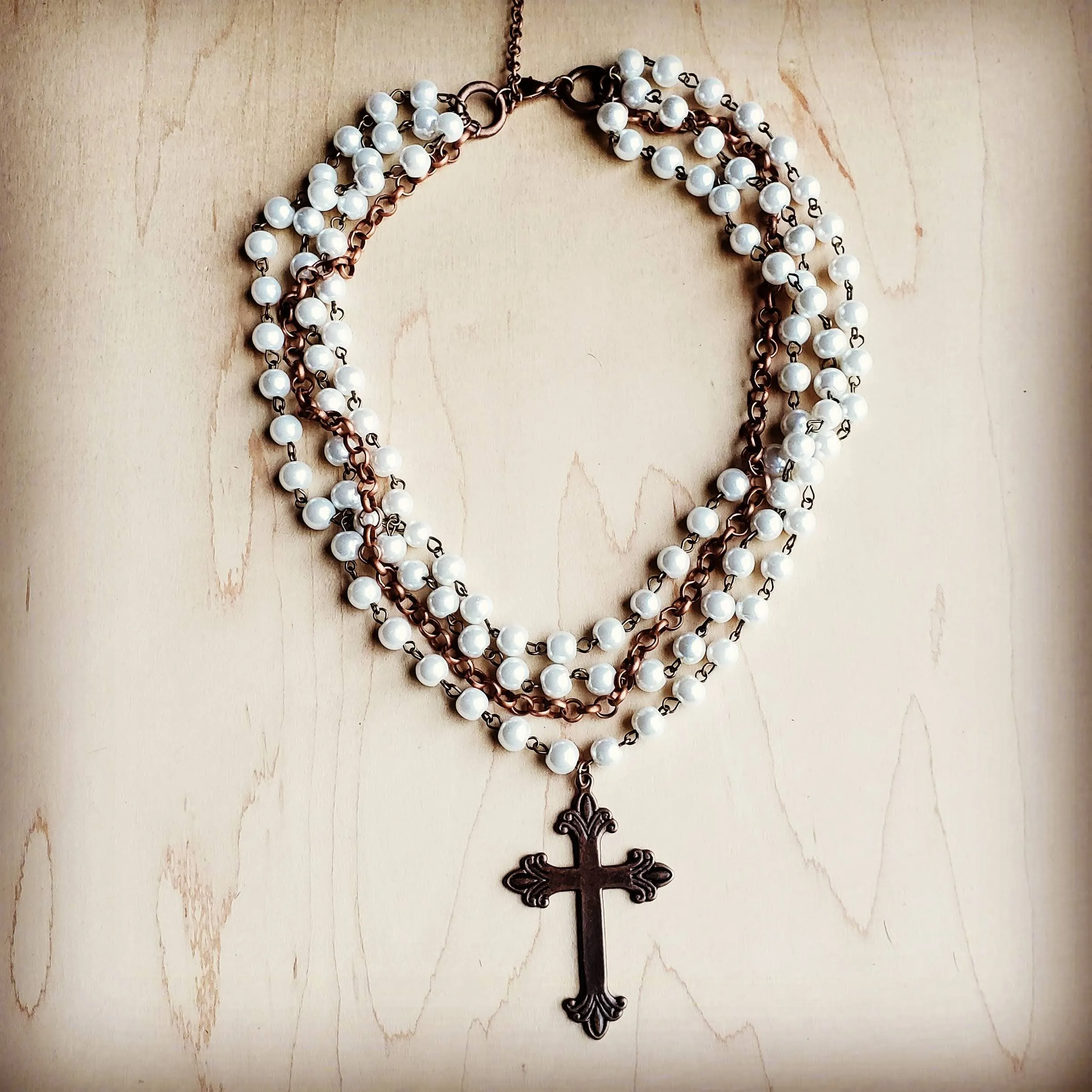 Pearl and Copper Collar-Length Necklace w/ Copper Cross