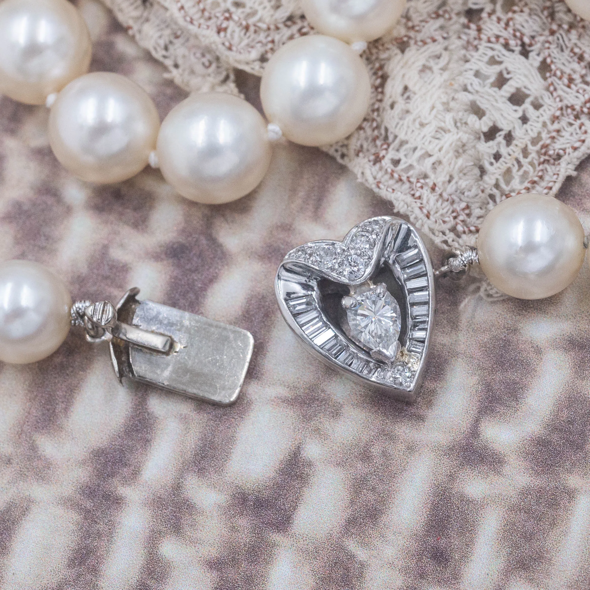 Pearl Choker with Diamond Heart Clasp c. 1950s