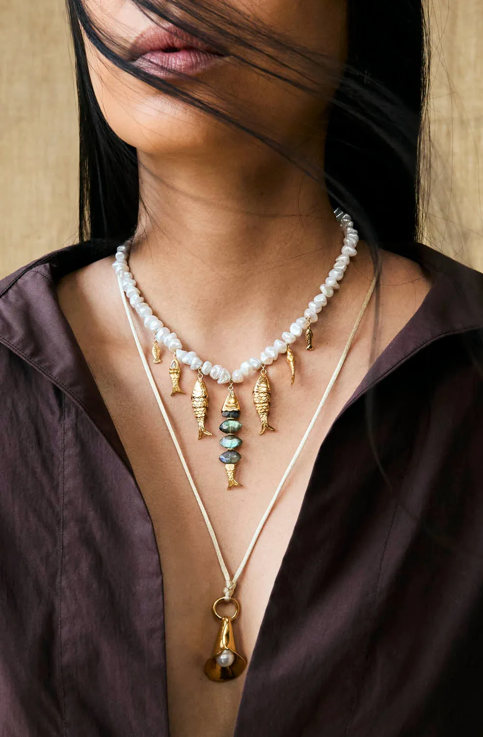 Pearl in Shell Corded Necklace in Yellow Gold