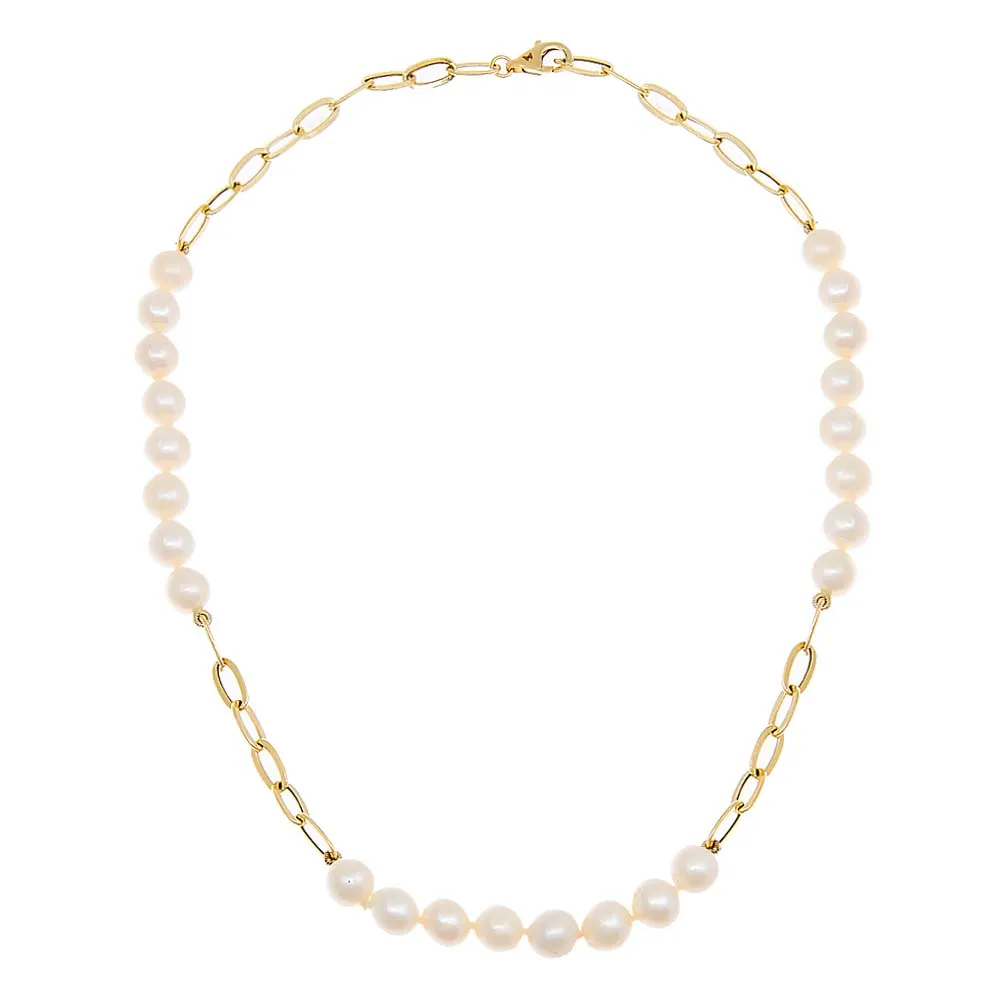 Pearl X Paperclip Chain Necklace 14K