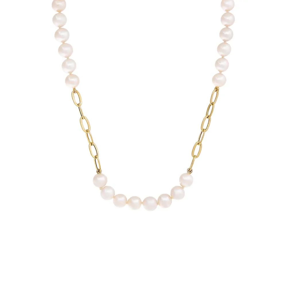 Pearl X Paperclip Chain Necklace 14K