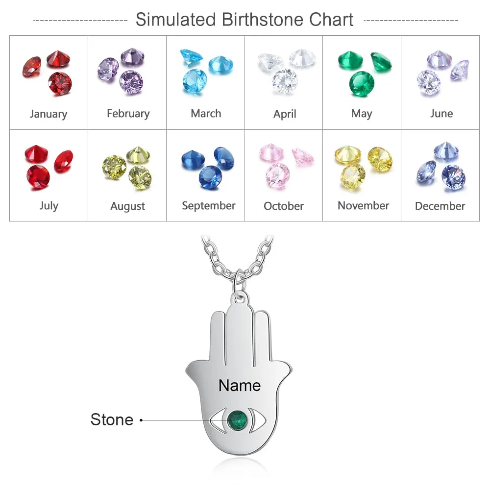 Personalized Hamsa Hand Necklace with Birthstone