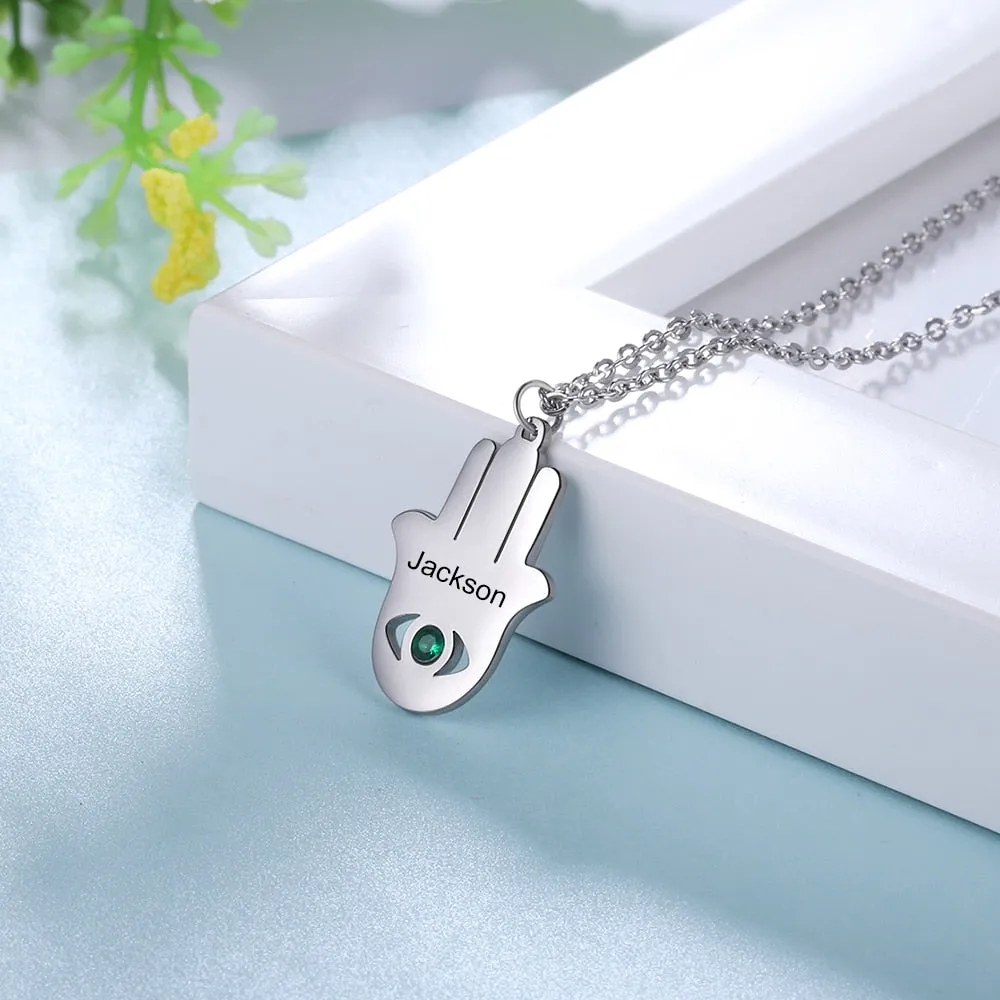 Personalized Hamsa Hand Necklace with Birthstone