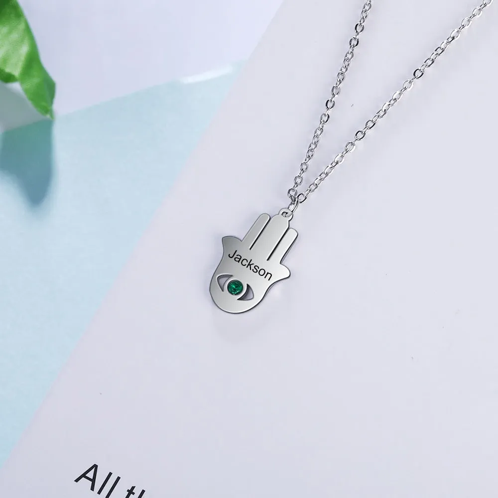 Personalized Hamsa Hand Necklace with Birthstone