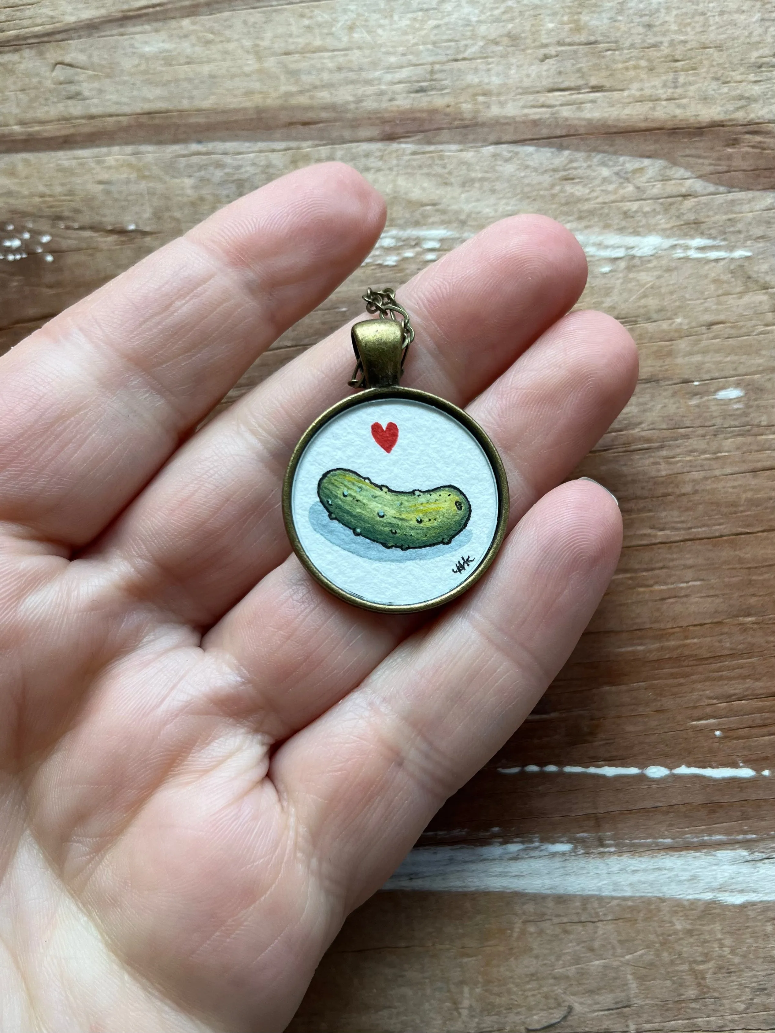 Pickle Love Pendant, Original Watercolor Hand Painted Necklace