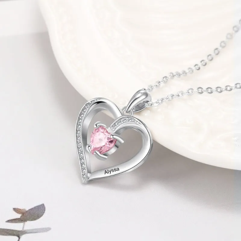 Pink Zircon Heart Name Pendant Necklace For Women Sliver Jewelry