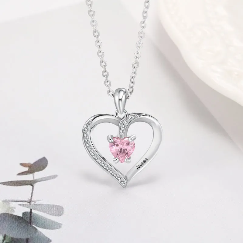 Pink Zircon Heart Name Pendant Necklace For Women Sliver Jewelry