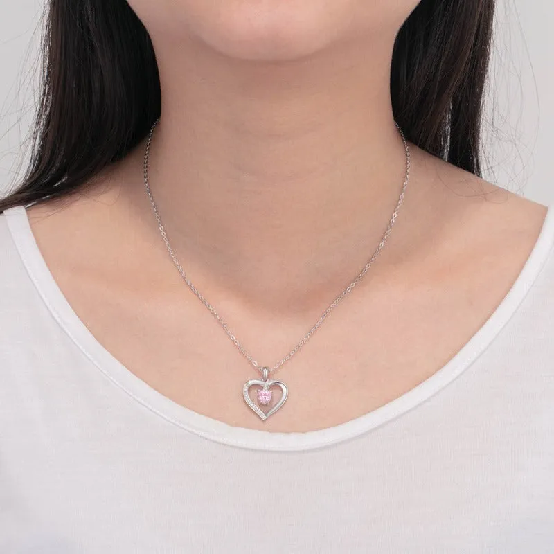 Pink Zircon Heart Name Pendant Necklace For Women Sliver Jewelry