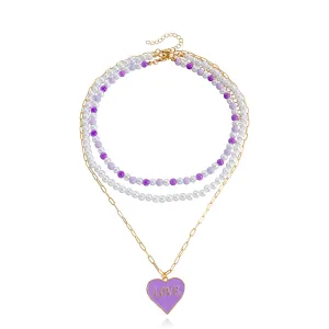Purple Enamel & Pearl Heart Pendant Necklace Set