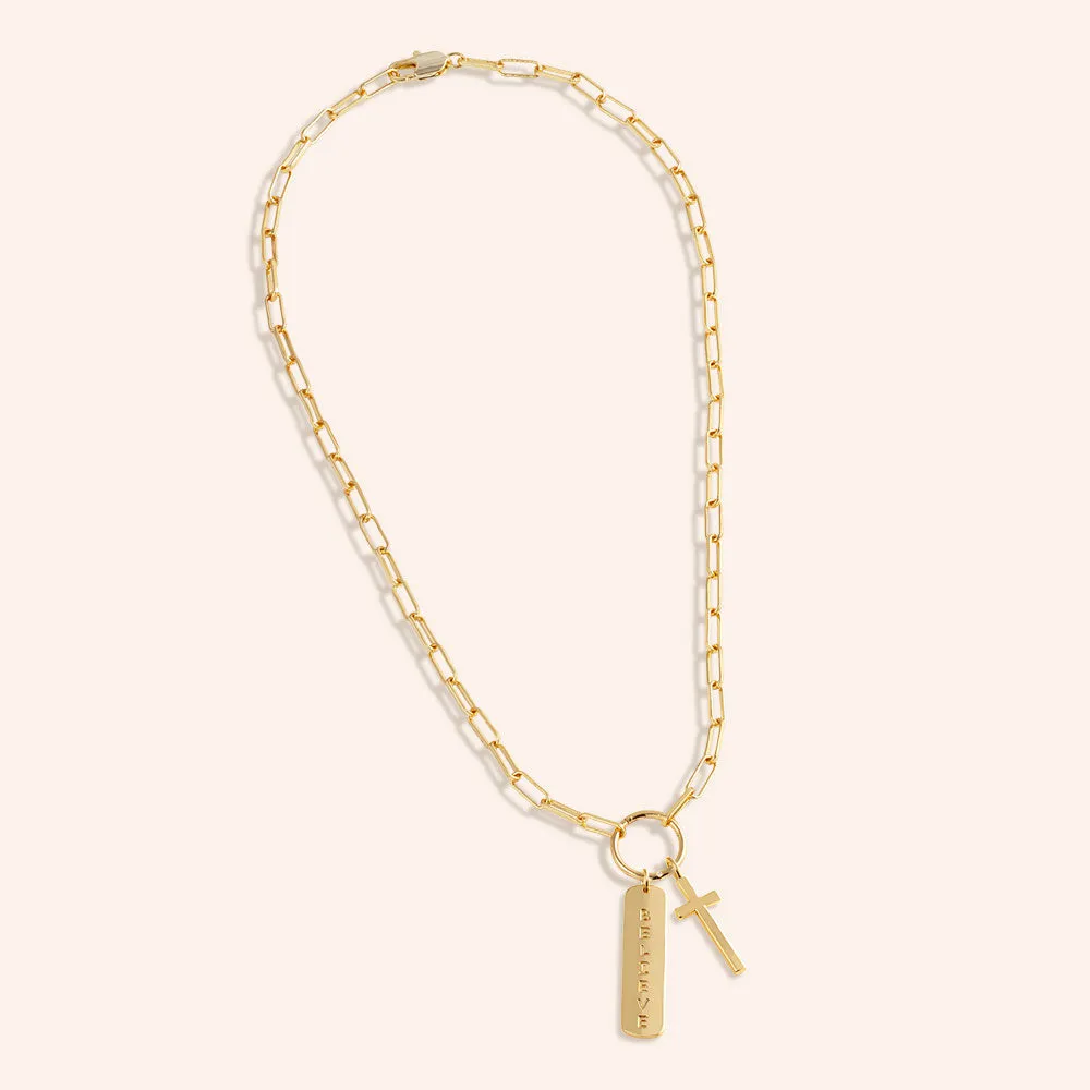 "Believe & Trust" Multi Charm Thin Link Chain 18" Necklace Set - Cross & Believe Tag Charms