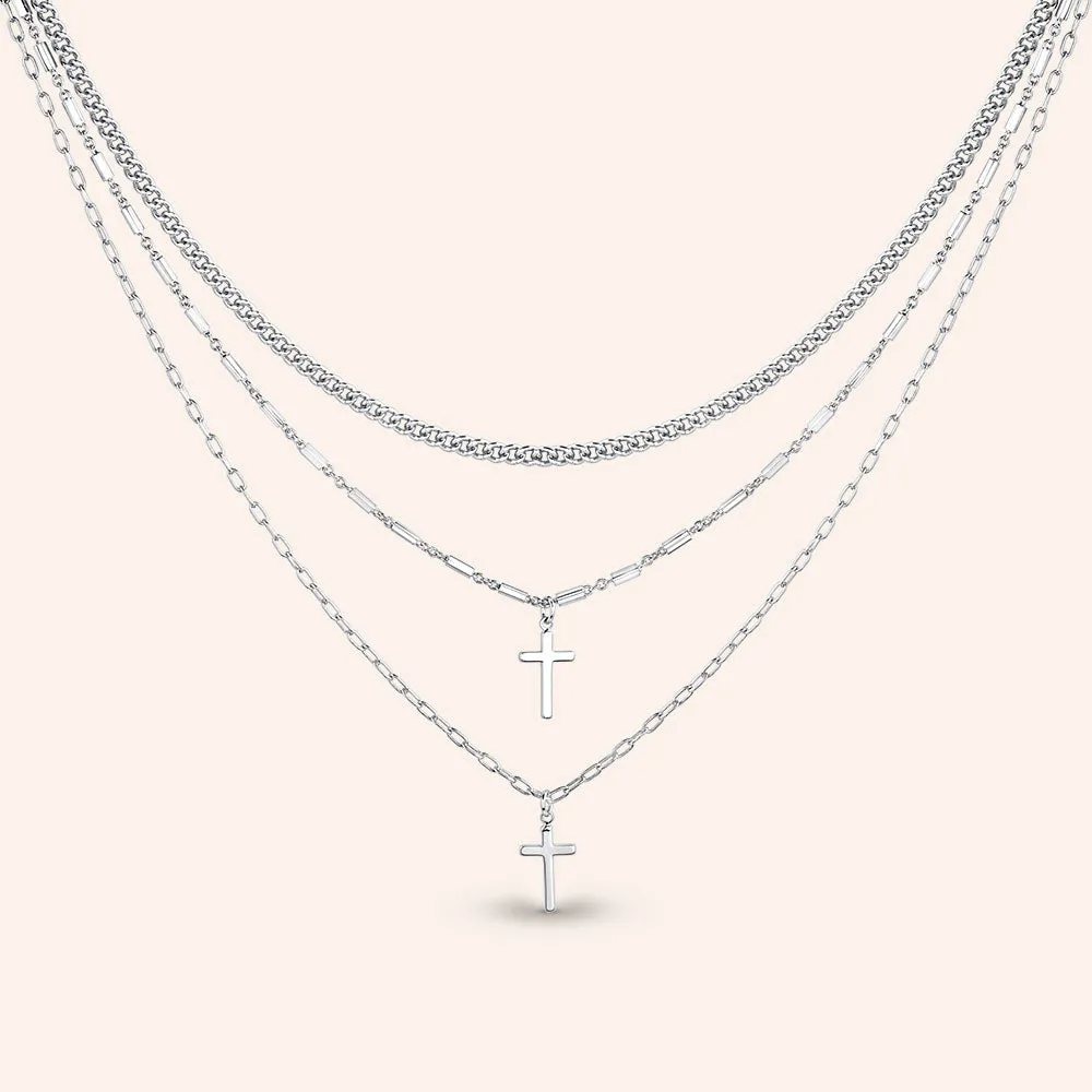 "Divine" Set Of Three Cross & Curb Chain Layering Necklaces