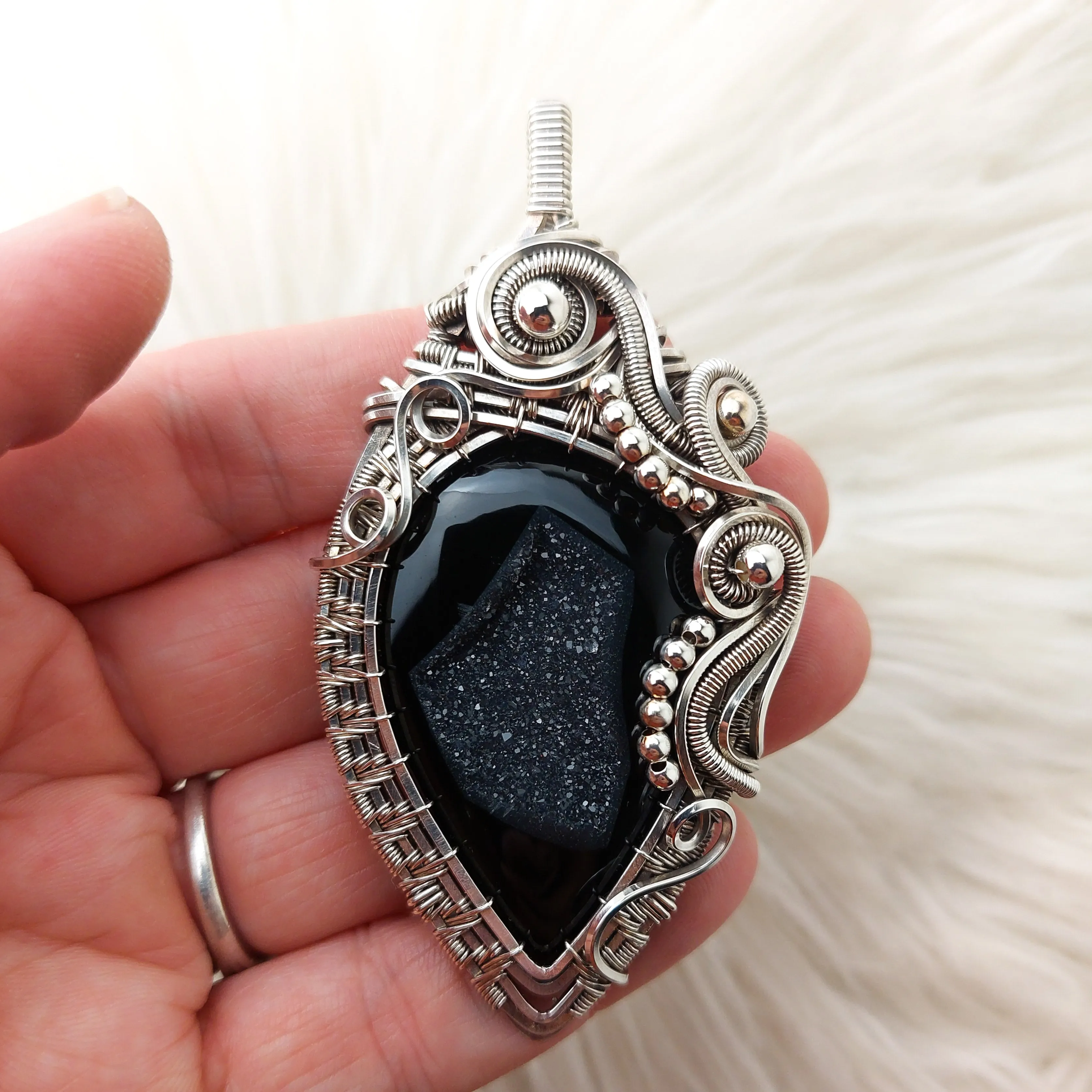 "Nightshade" Large Black Druzy Agate And Sterling Silver Statement Pendant