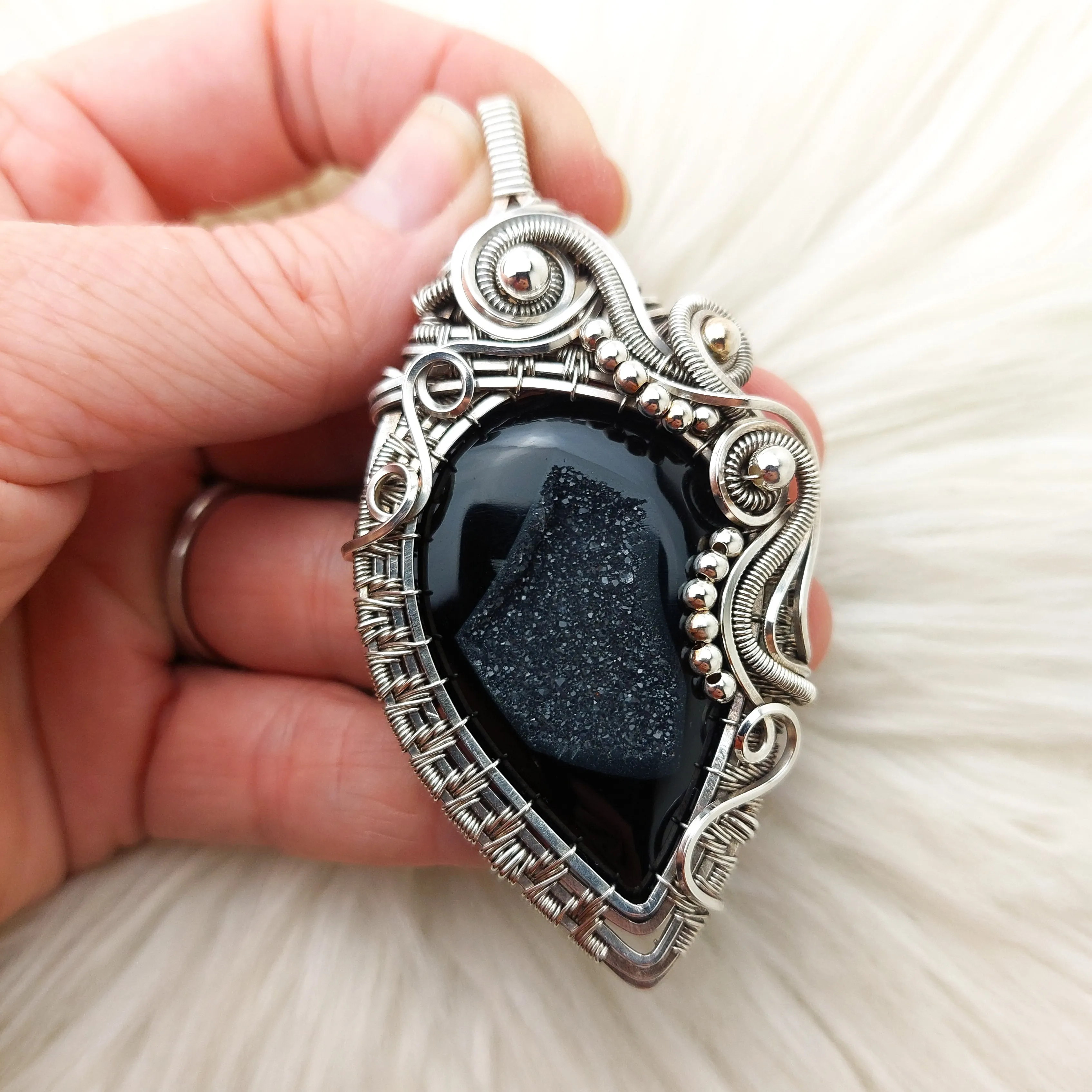 "Nightshade" Large Black Druzy Agate And Sterling Silver Statement Pendant