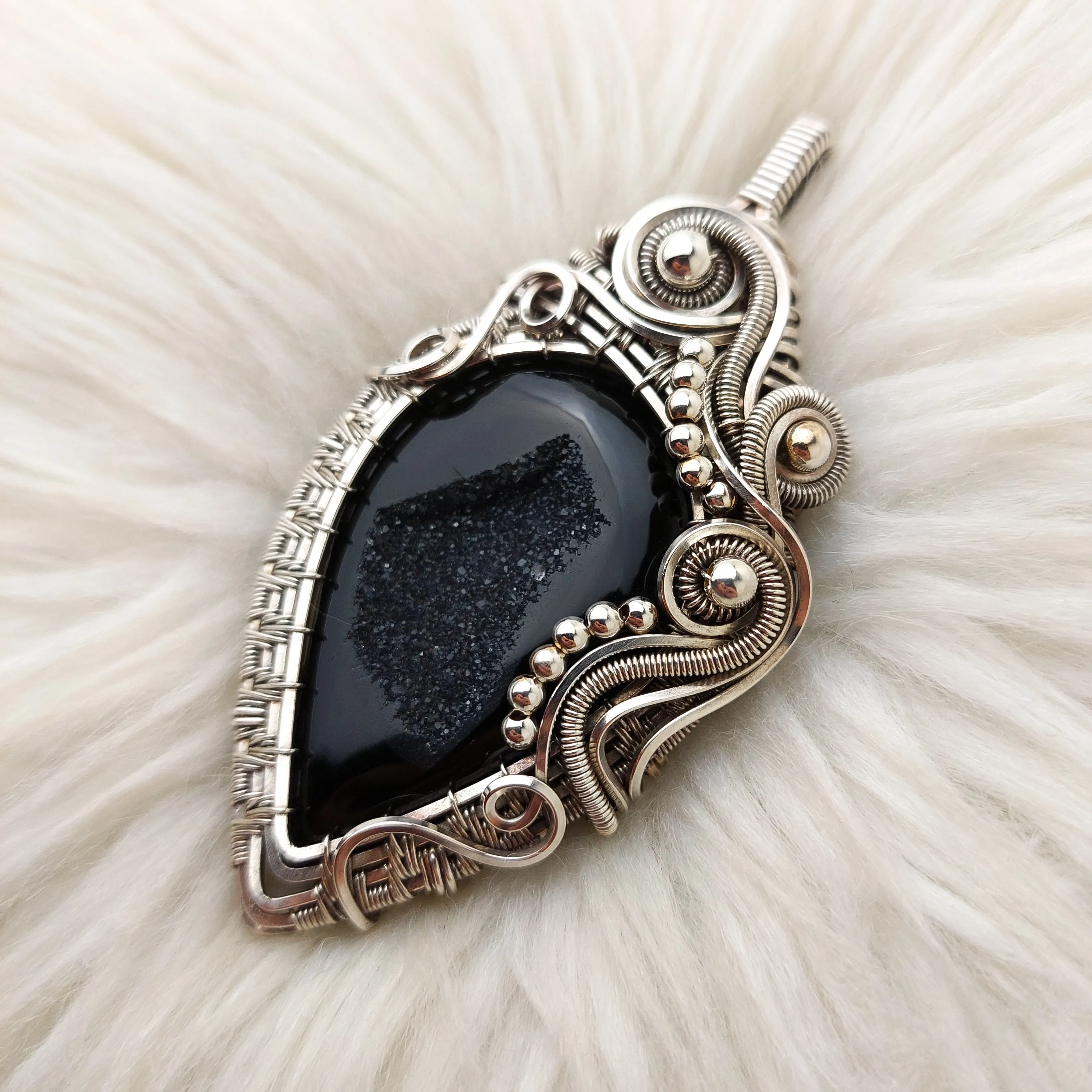 "Nightshade" Large Black Druzy Agate And Sterling Silver Statement Pendant