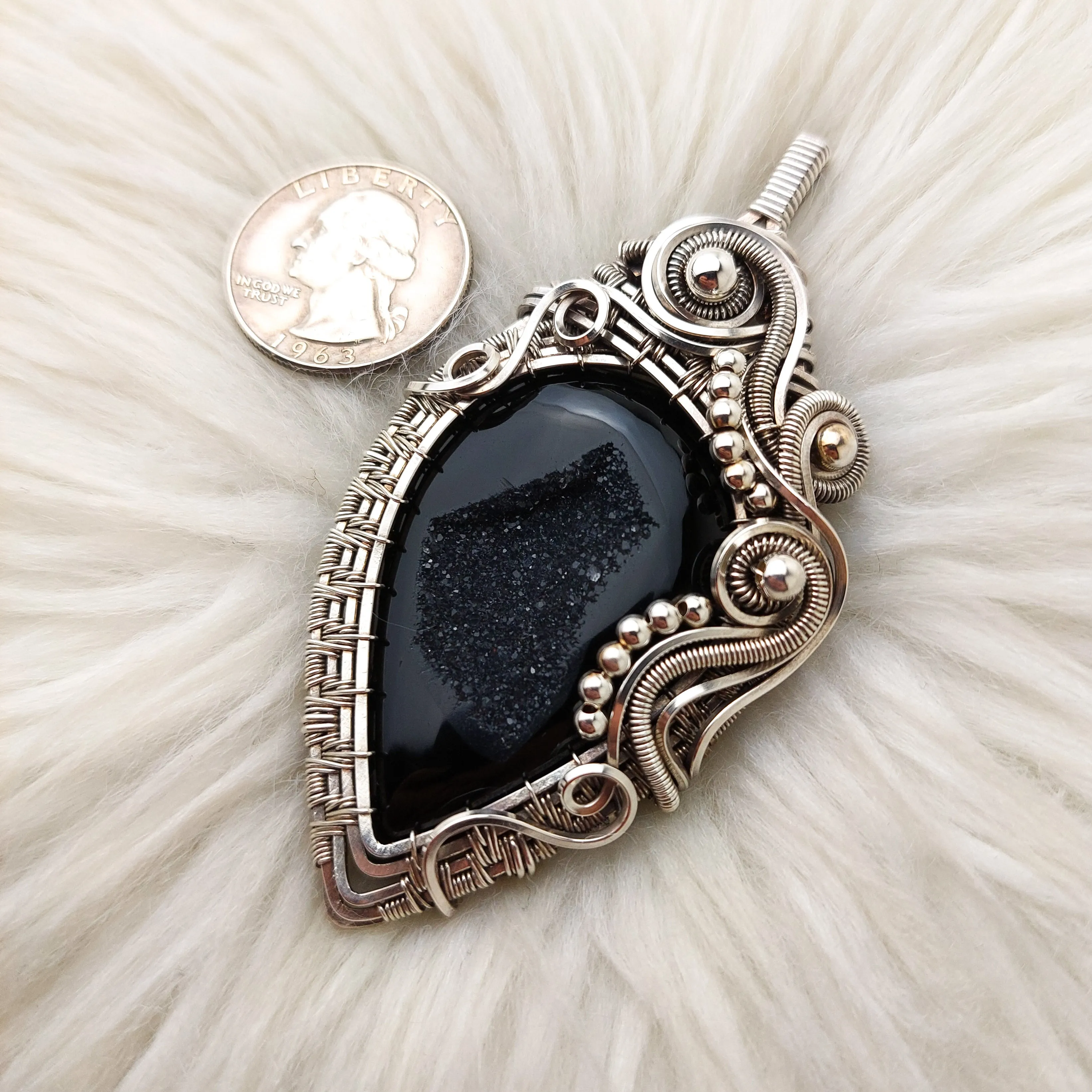 "Nightshade" Large Black Druzy Agate And Sterling Silver Statement Pendant