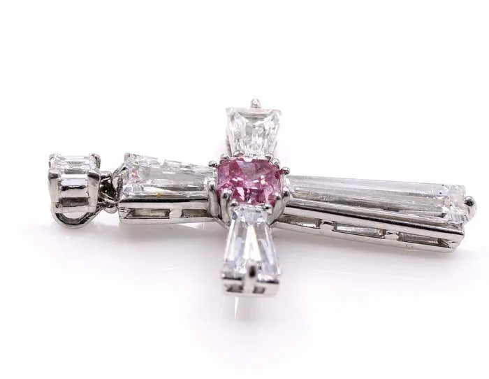 Rare Fancy Intense Purplish Pink Diamond and Baguette Diamond Cross Pendant