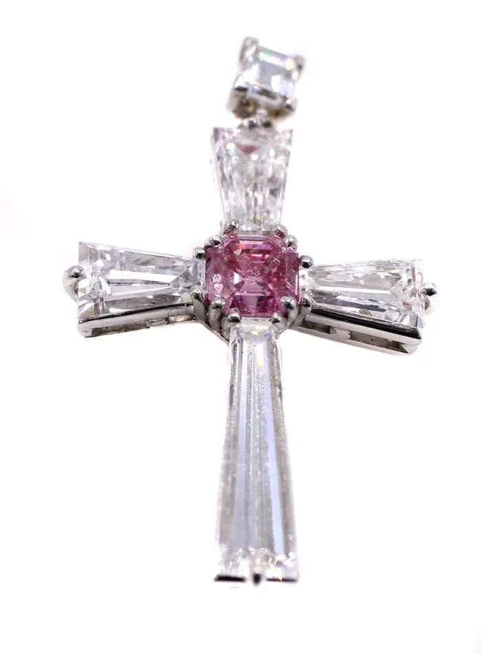 Rare Fancy Intense Purplish Pink Diamond and Baguette Diamond Cross Pendant
