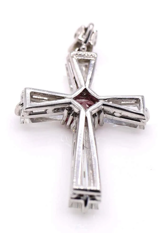 Rare Fancy Intense Purplish Pink Diamond and Baguette Diamond Cross Pendant