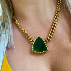 Rebecca Cocktail Gold Chunky Curb Chain Necklace - Emerald Green