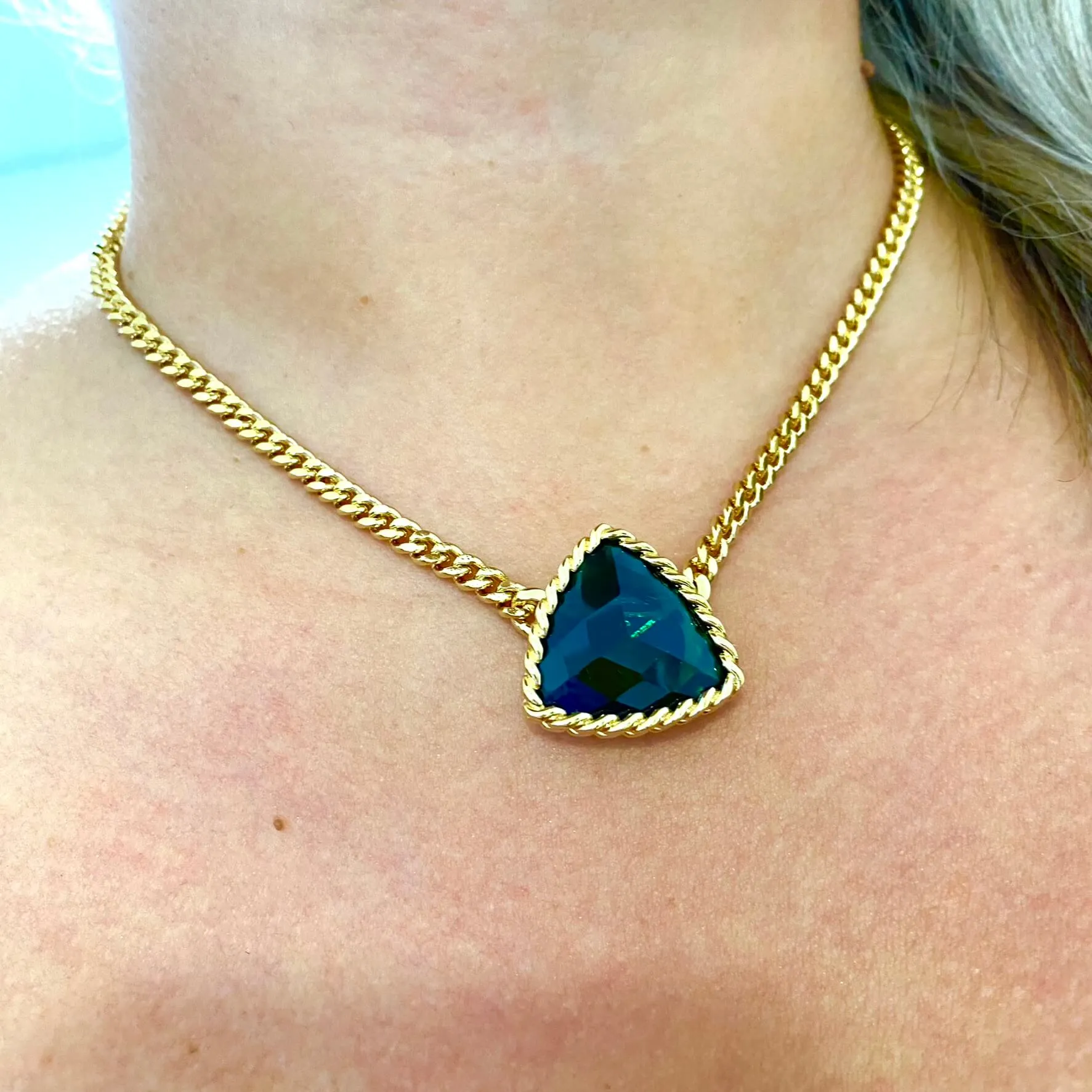 Rebecca Cocktail Gold Curb Chain Necklace - Emerald Green