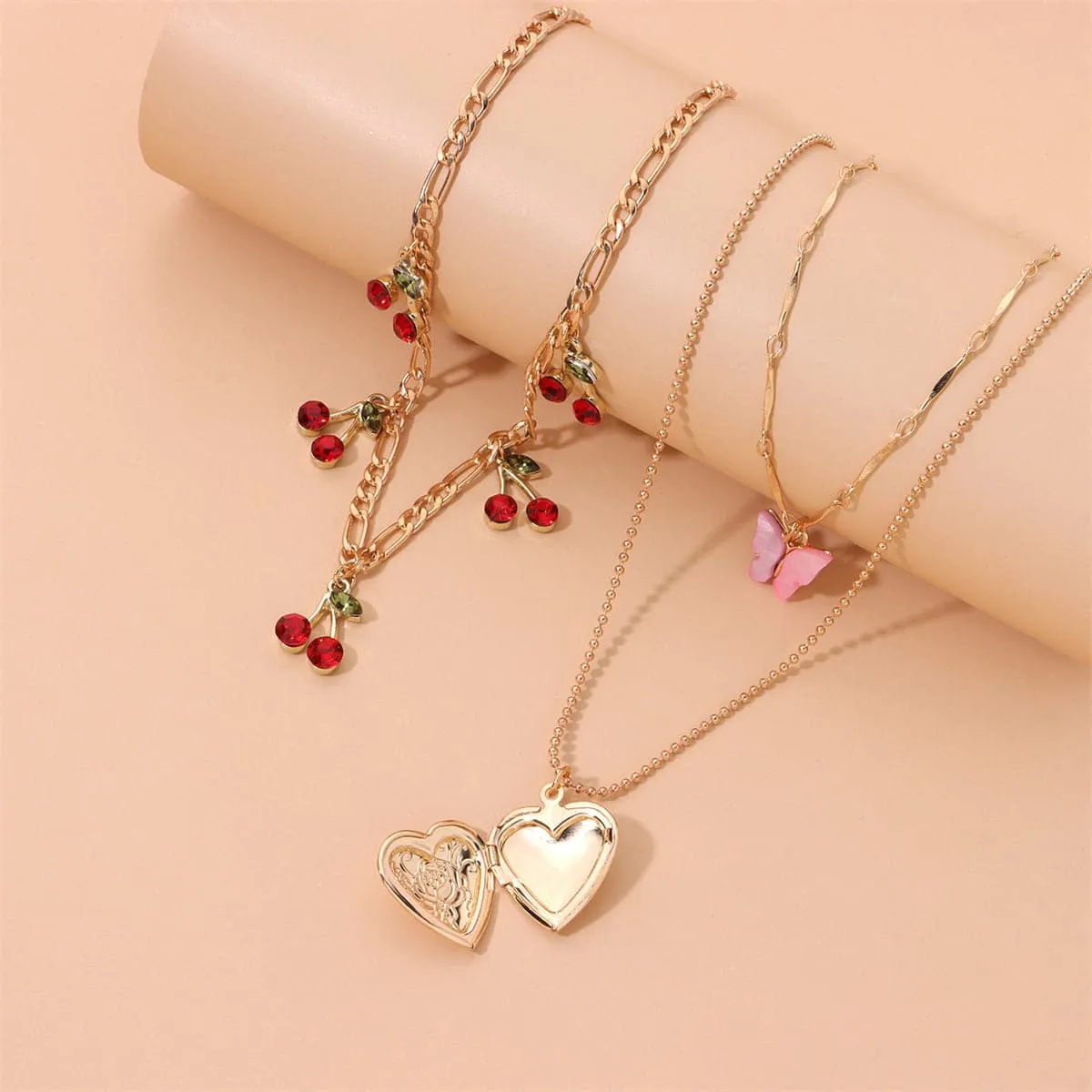 Red Cubic Zirconia & Acrylic Cherry Butterfly Heart Locket Necklace Set