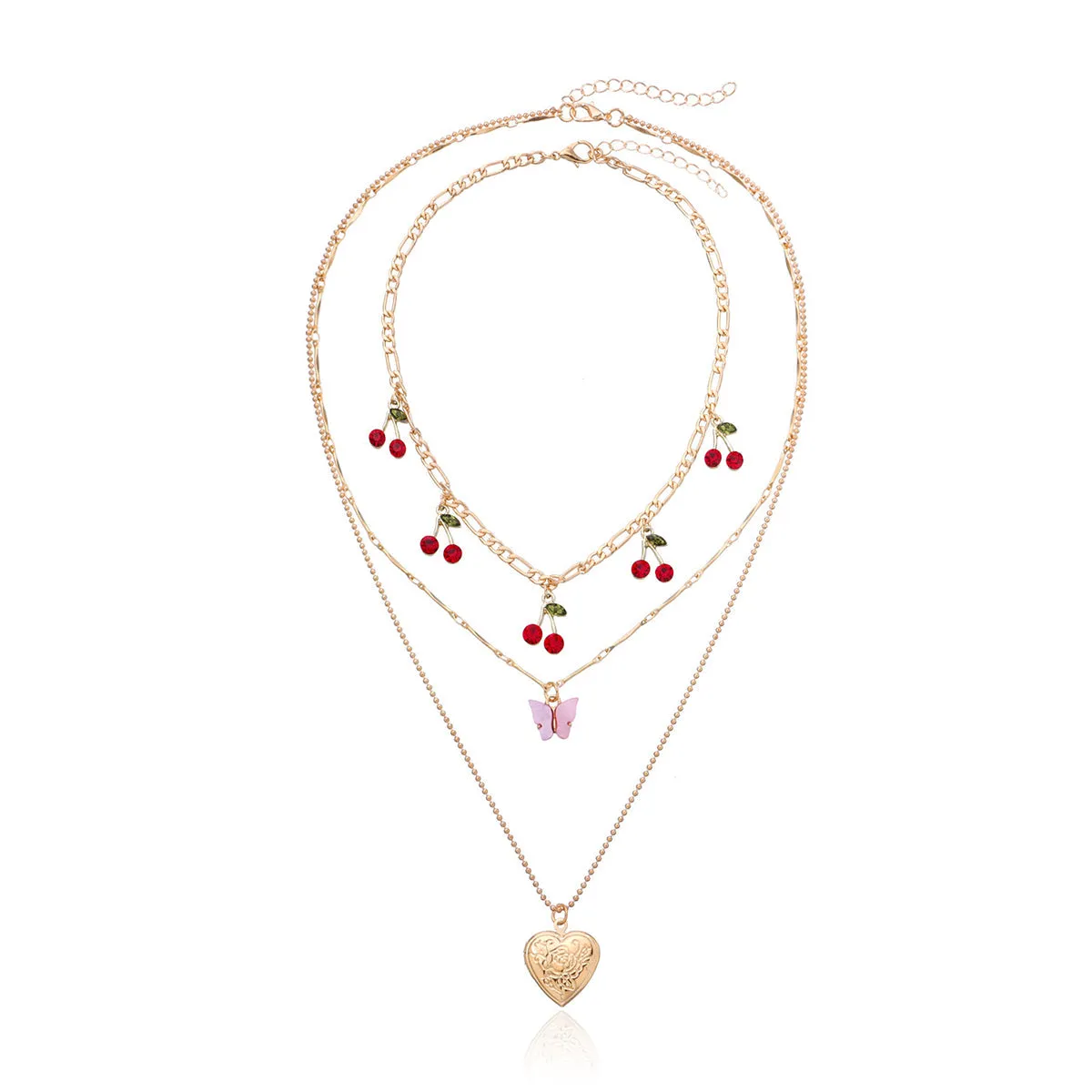 Red Cubic Zirconia & Acrylic Cherry Butterfly Heart Locket Necklace Set