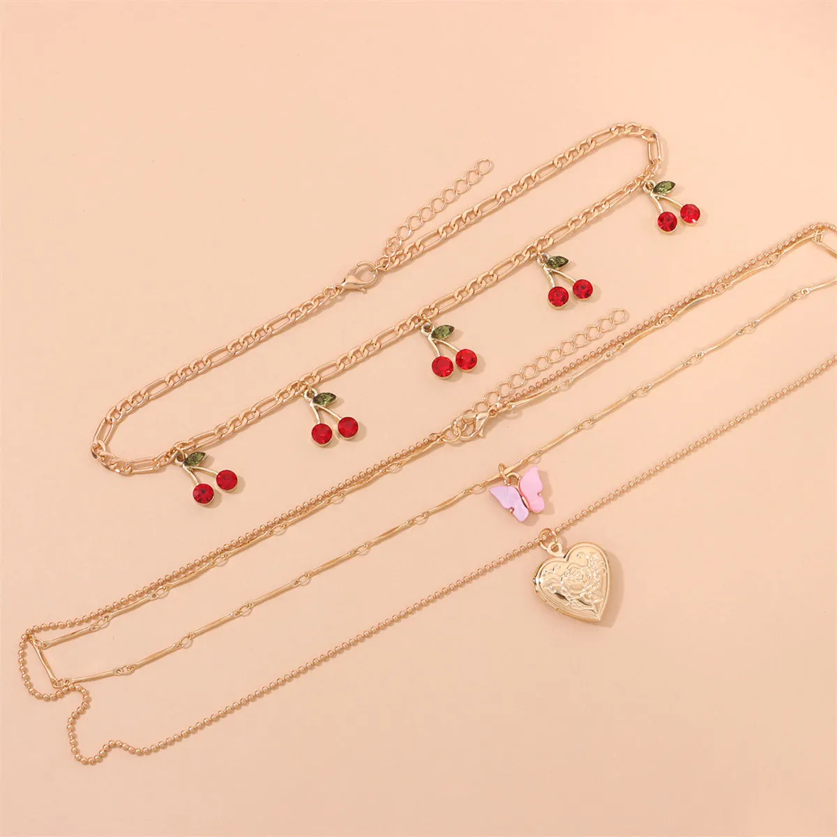 Red Cubic Zirconia & Acrylic Cherry Butterfly Heart Locket Necklace Set