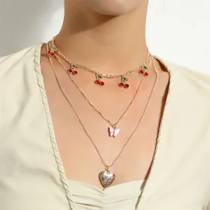 Red Cubic Zirconia & Acrylic Cherry Butterfly Heart Locket Necklace Set