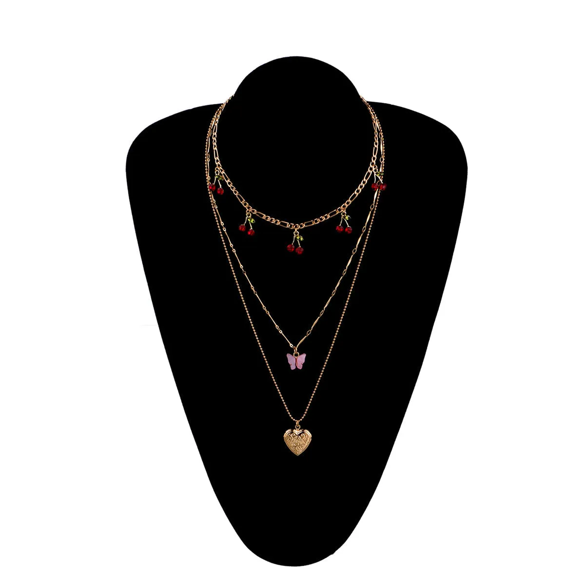 Red Cubic Zirconia & Acrylic Cherry Butterfly Heart Locket Necklace Set