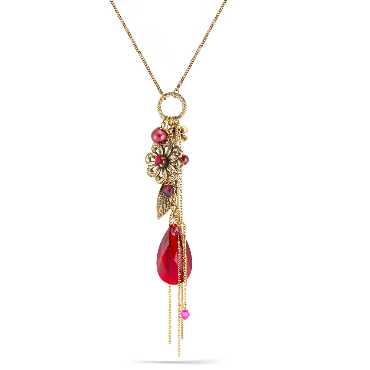 RED FACETED STONE PEARL FLOWER AND LEAF NECKLACES #224RD1501 (1F1)