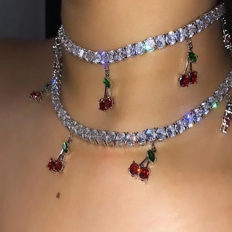 Red Ruby Gemstone Cherry Pendant Necklace Chain Women Anniverssary Jewelry