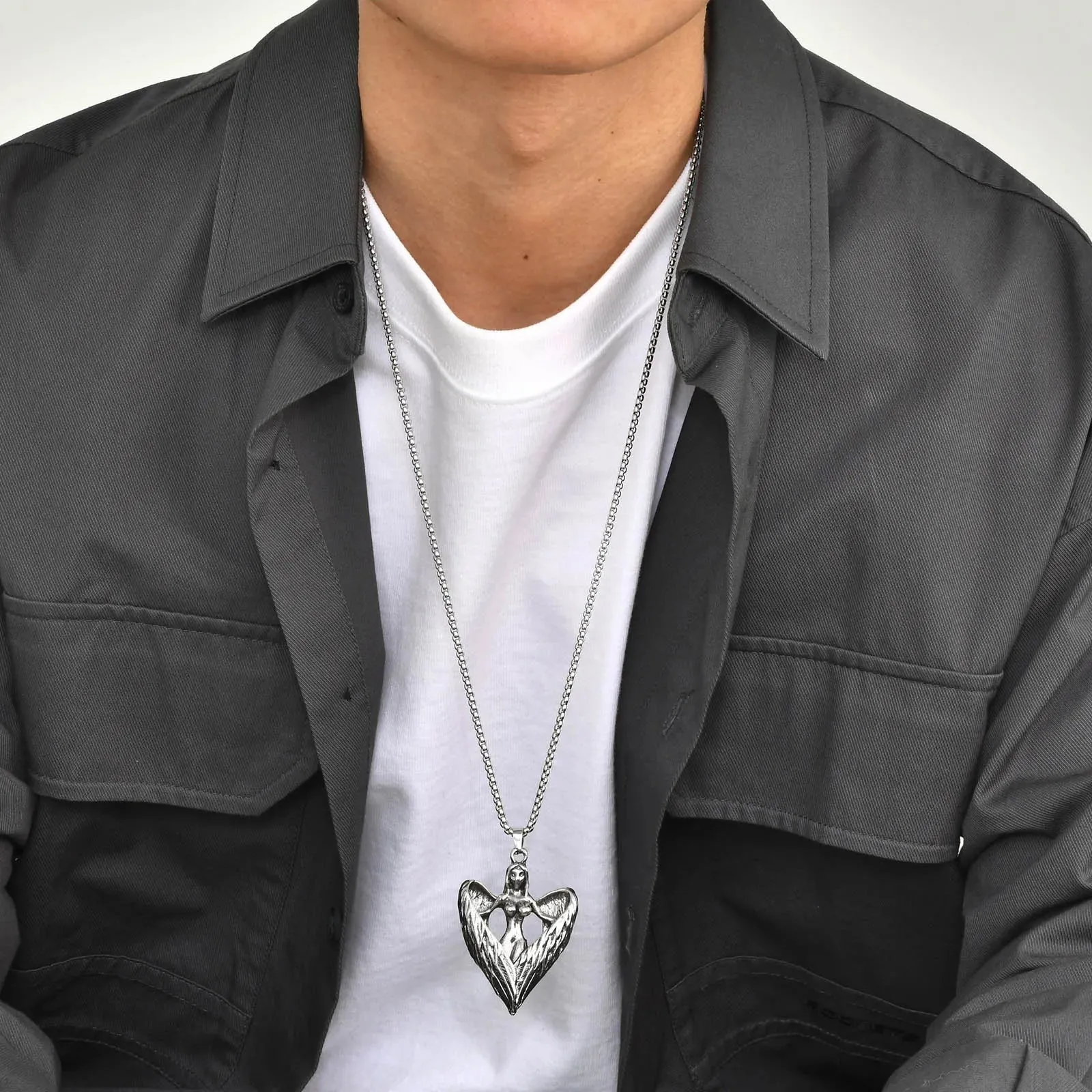 Retro Hug Angel Necklaces for Men, Love Heart Pendant Collar with Box Chain