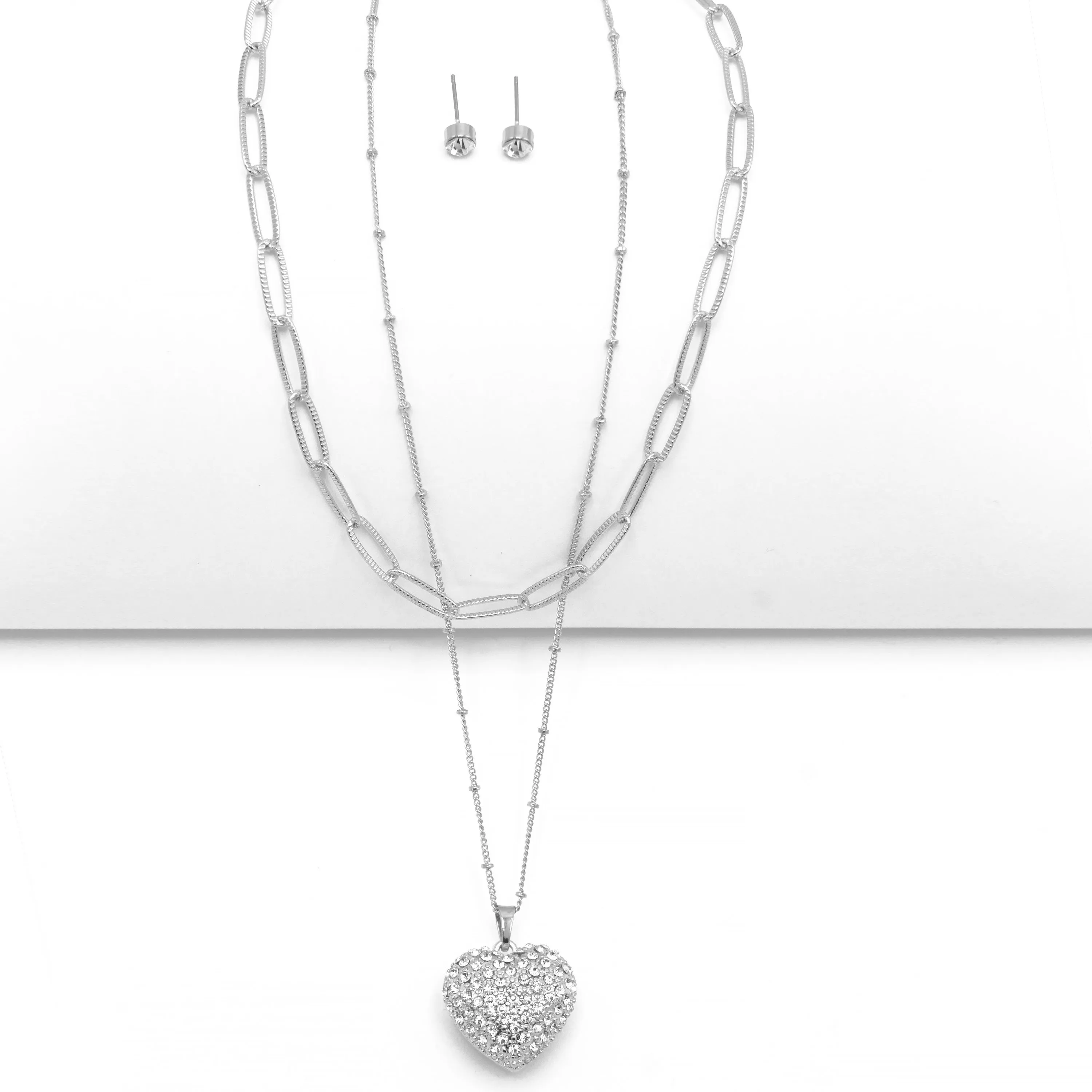 Rhodium Heart Crystal Pendant Necklace And Earrings Set#HNN E90640(RC22/SF7)