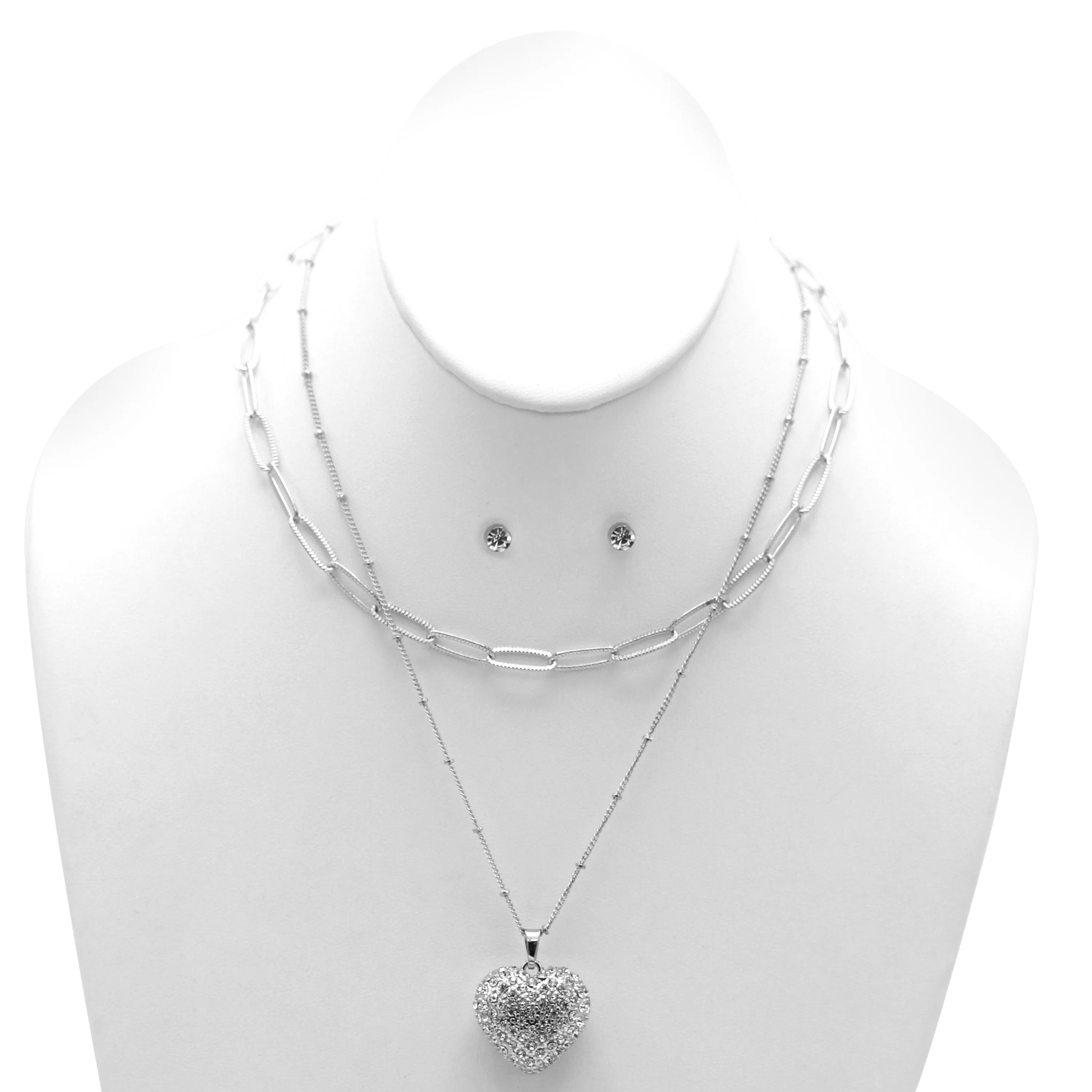 Rhodium Heart Crystal Pendant Necklace And Earrings Set#HNN E90640(RC22/SF7)