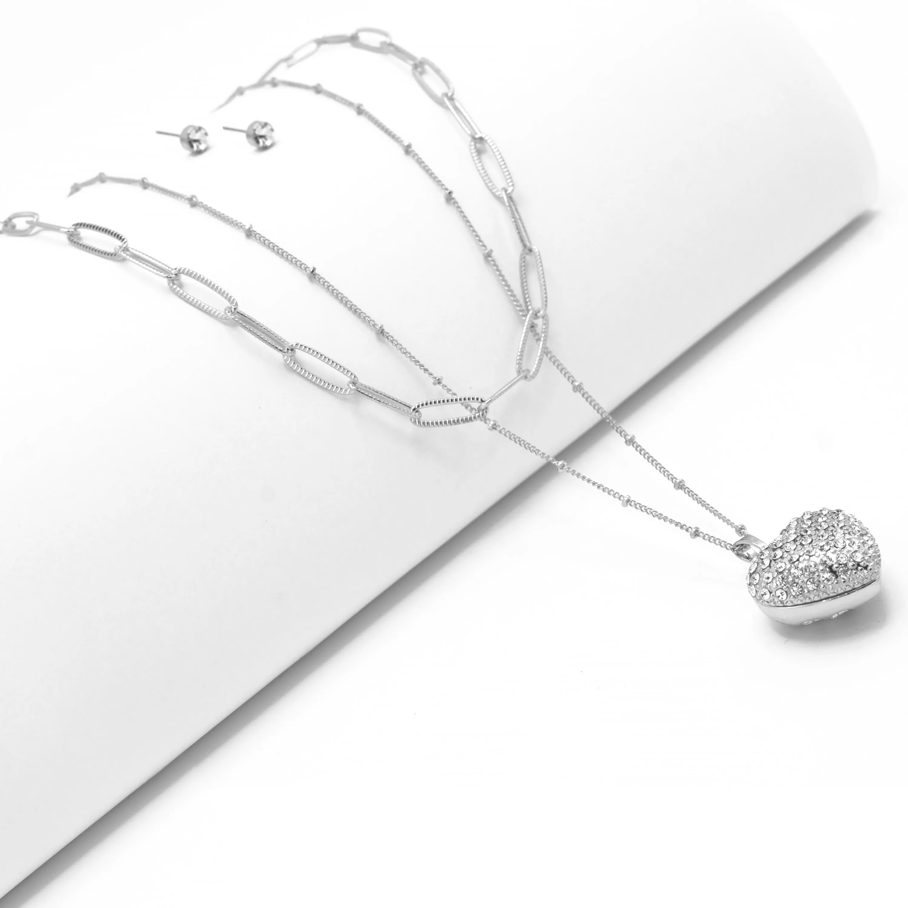 Rhodium Heart Crystal Pendant Necklace And Earrings Set#HNN E90640(RC22/SF7)