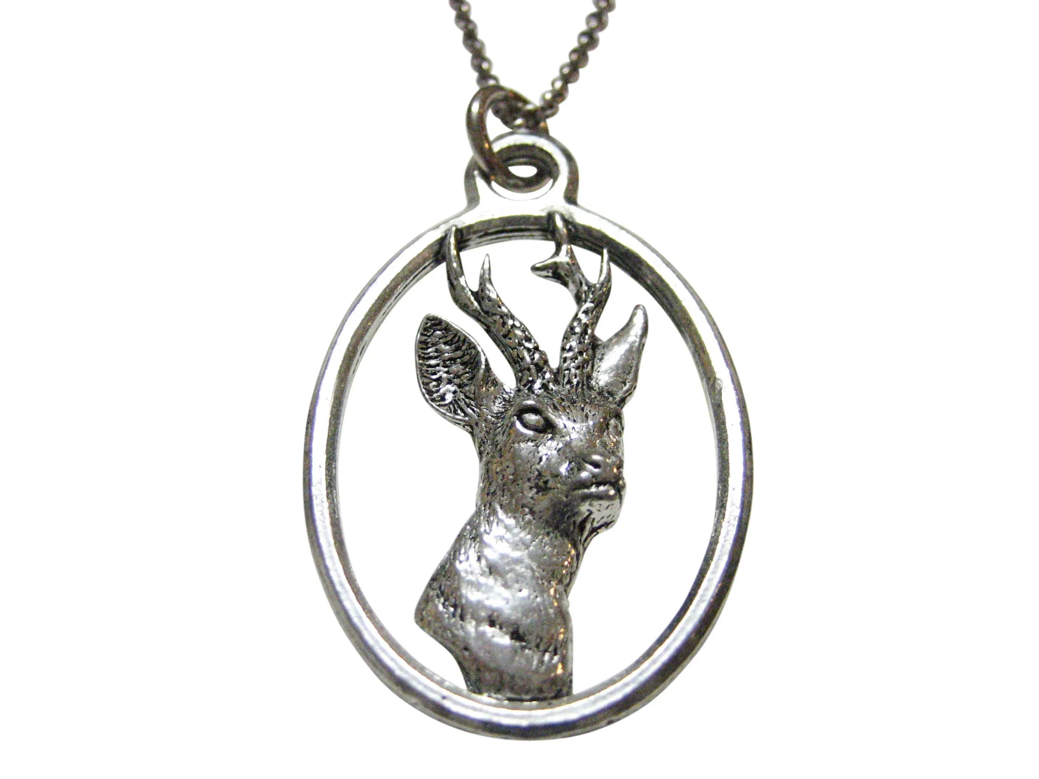 Roe Buck Deer Head Large Oval Pendant Necklace
