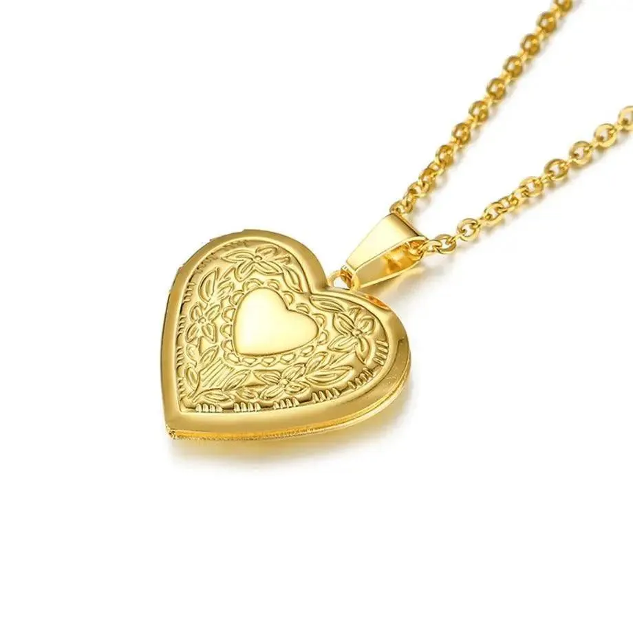 Romantic Women Gold Heart Locket Pendants Necklaces Photo Frame Valentine Lovers Excellent Gift Jewelry