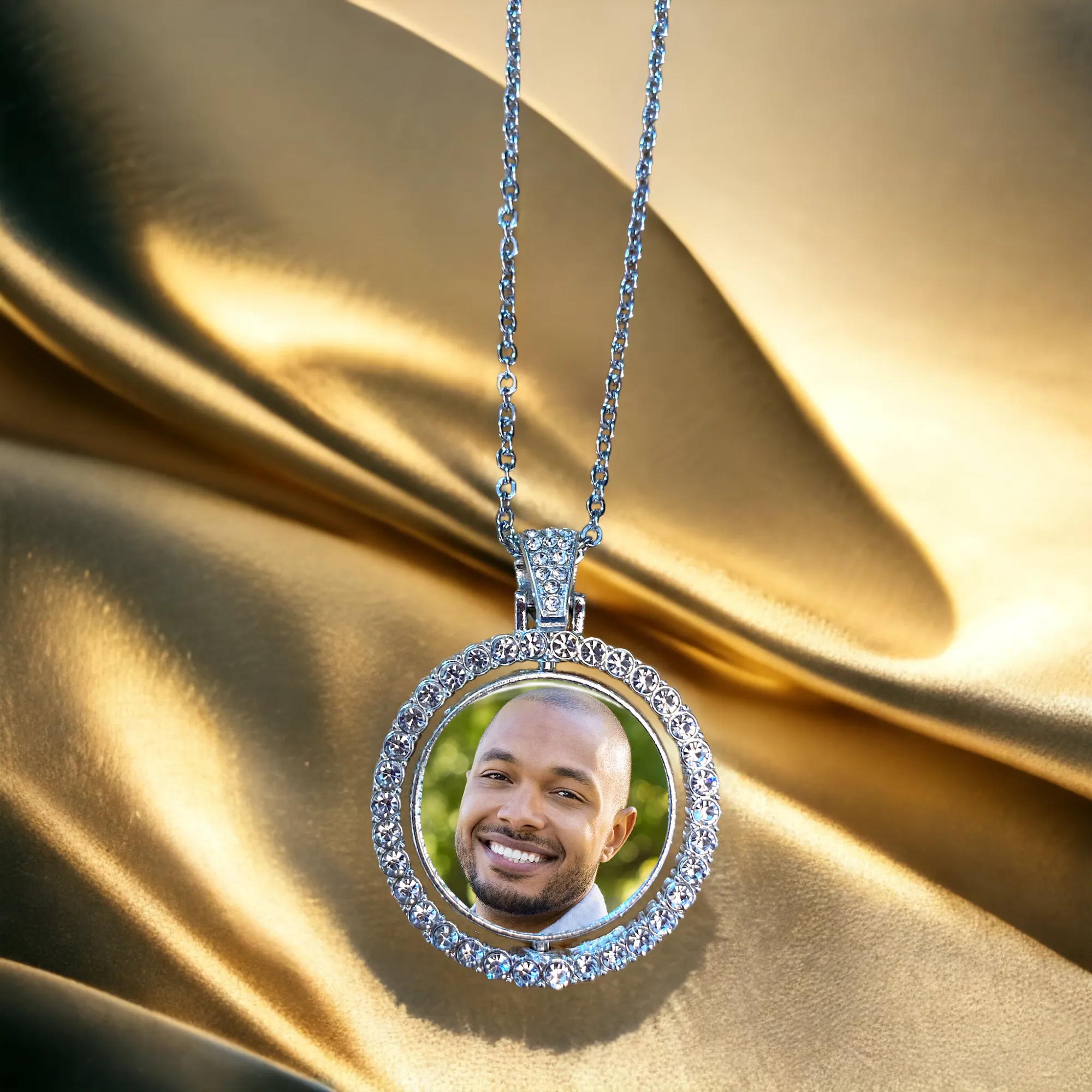 Round Silver Photo Necklace with Rhinestones - Double Sided