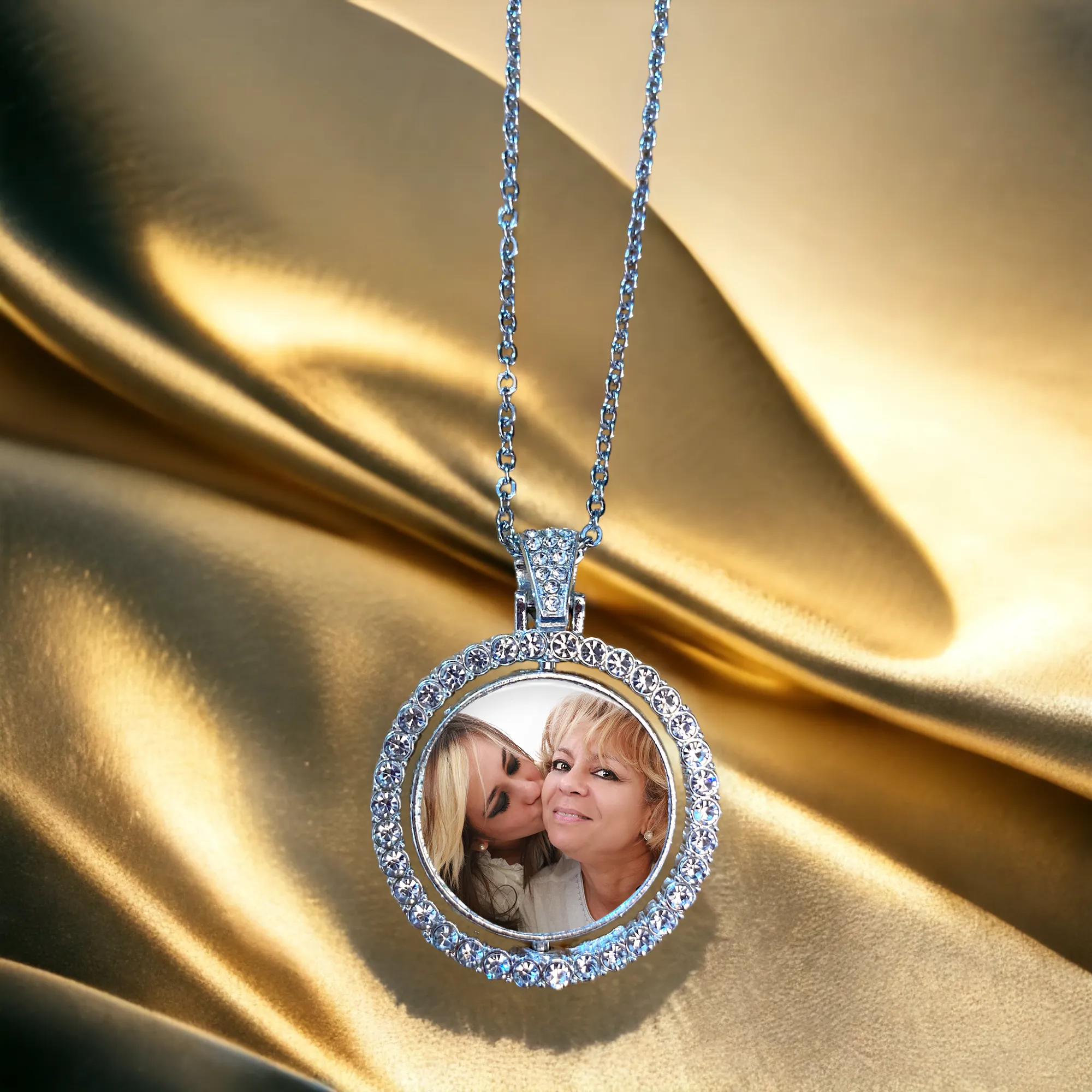 Round Silver Photo Necklace with Rhinestones - Double Sided