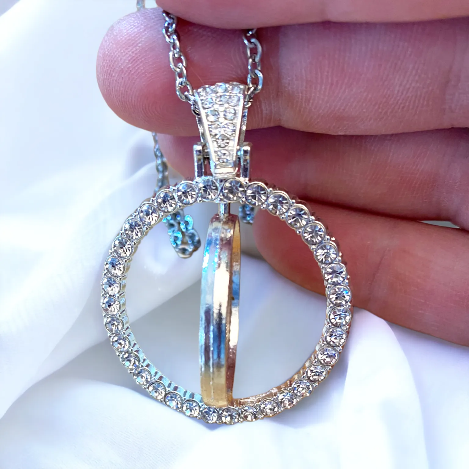 Round Silver Photo Necklace with Rhinestones - Double Sided