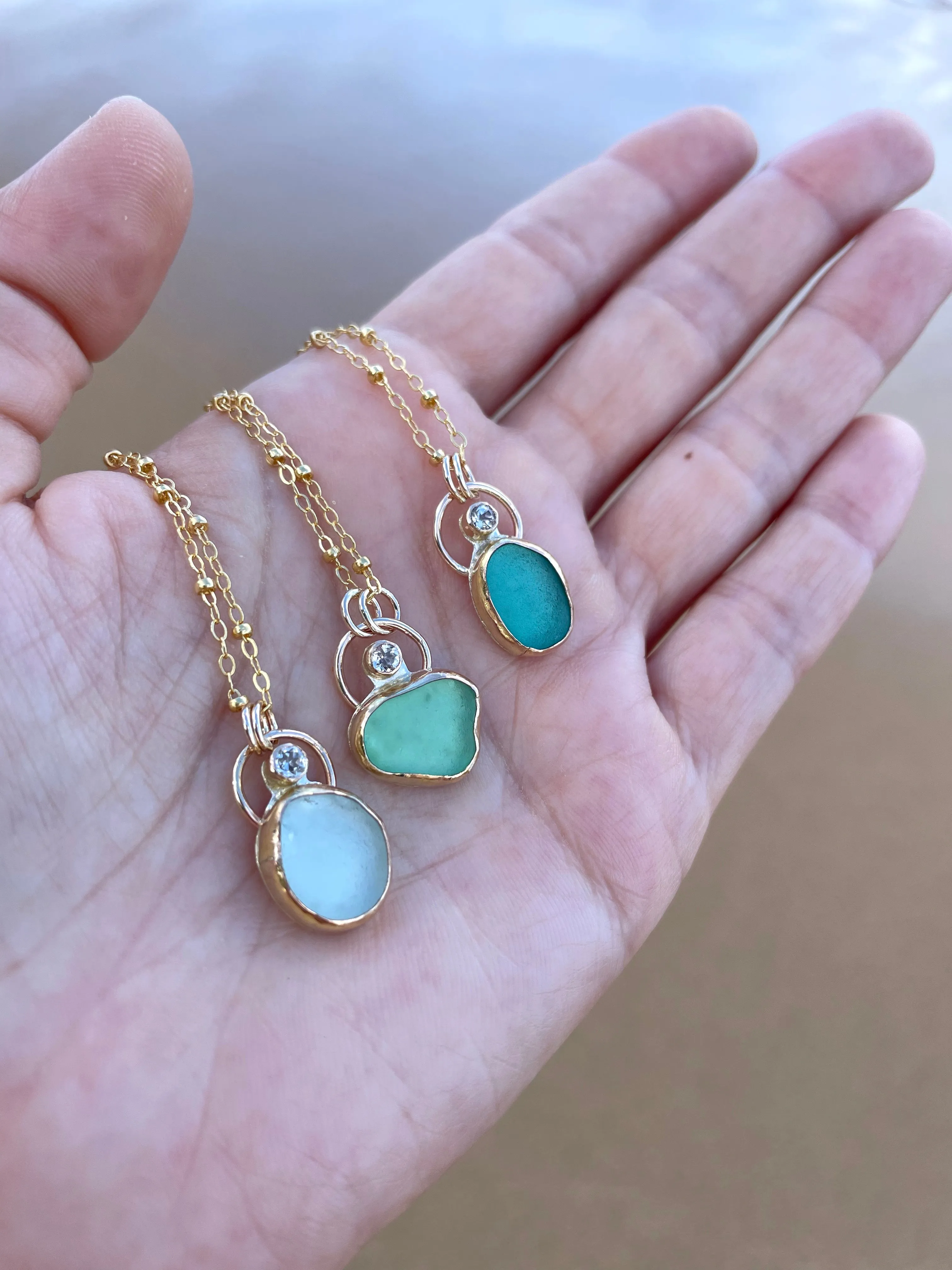 Sea Glass with White Topaz Necklaces
