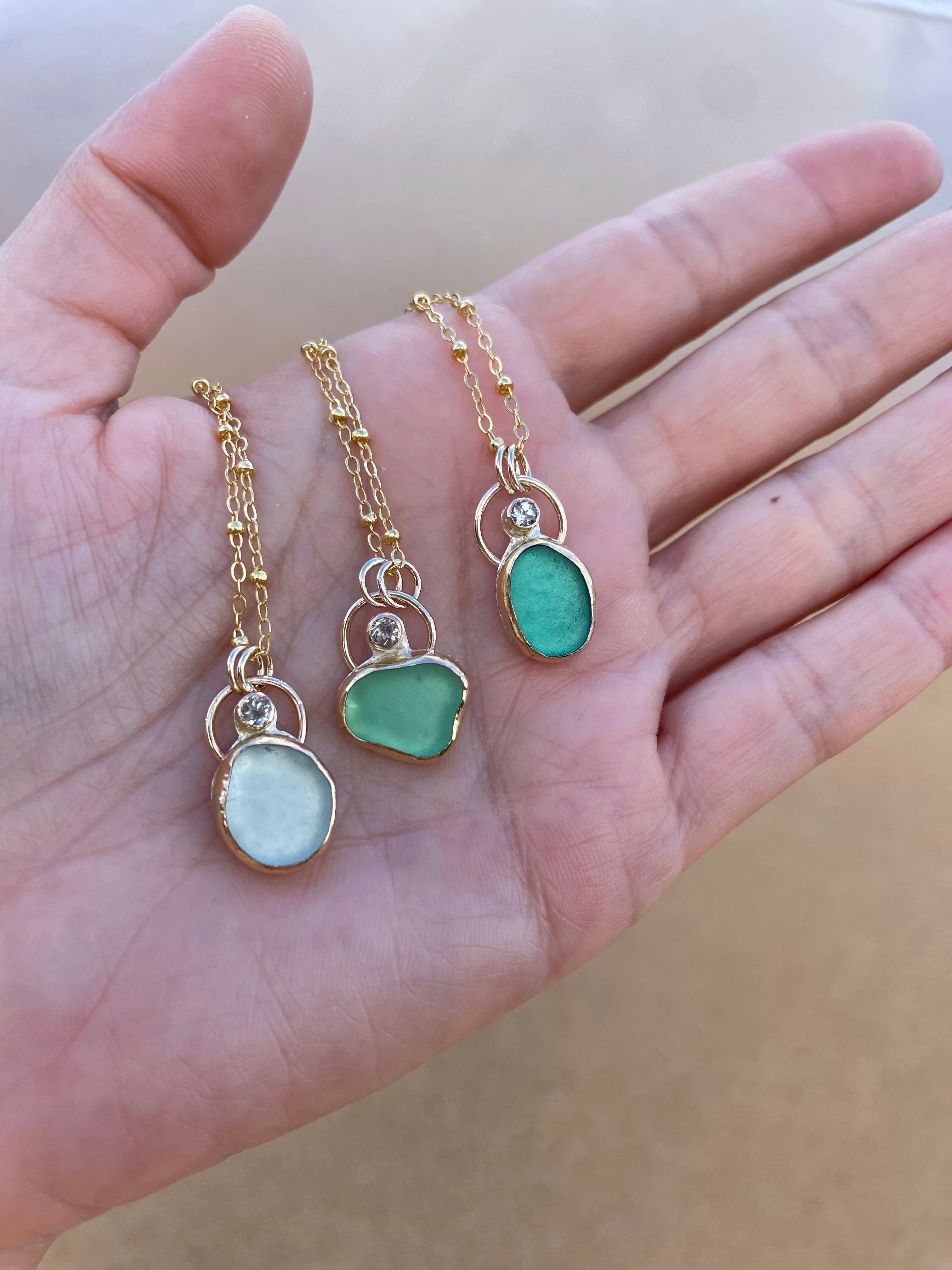 Sea Glass with White Topaz Necklaces