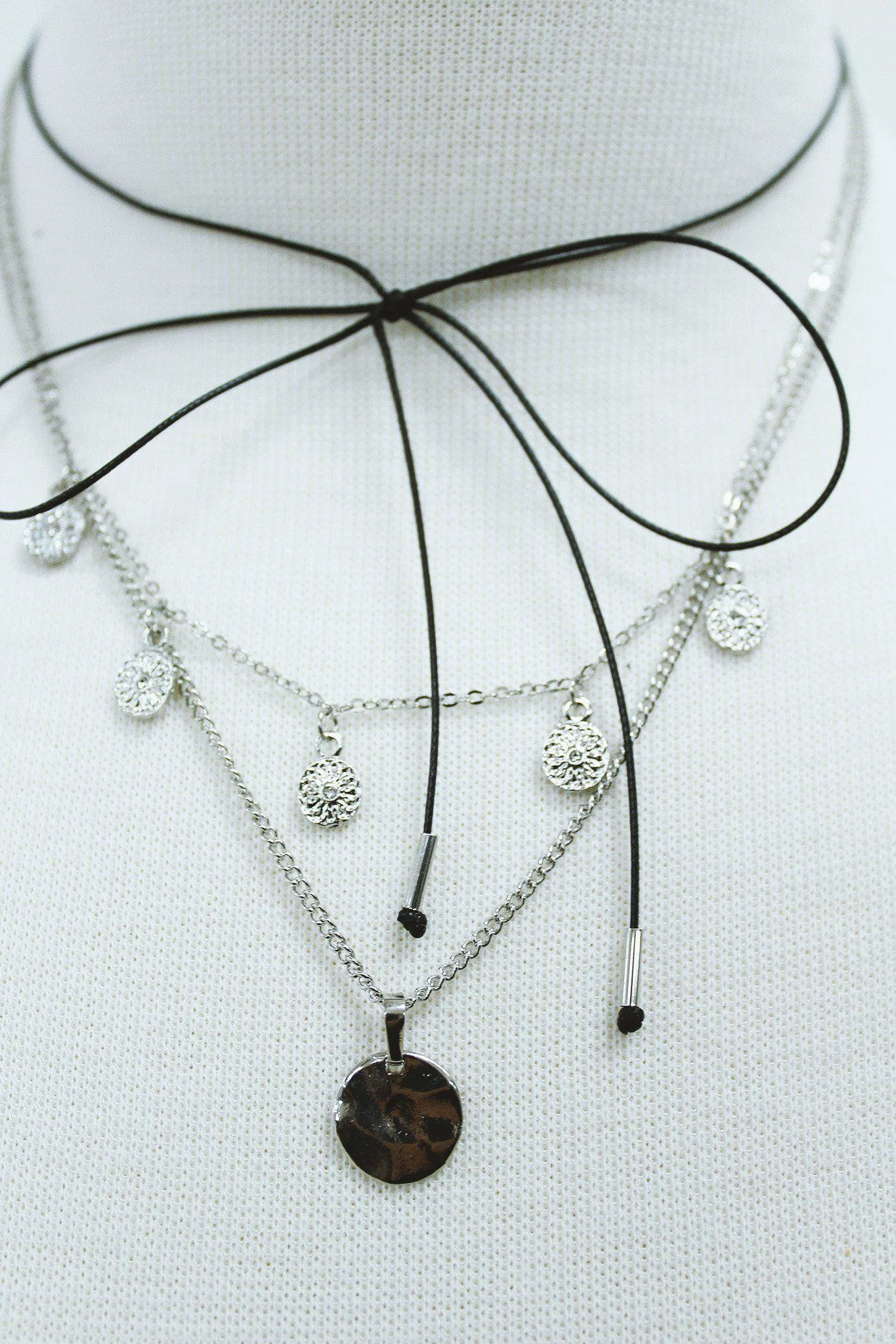 Silver And Black Tie Layered Necklace